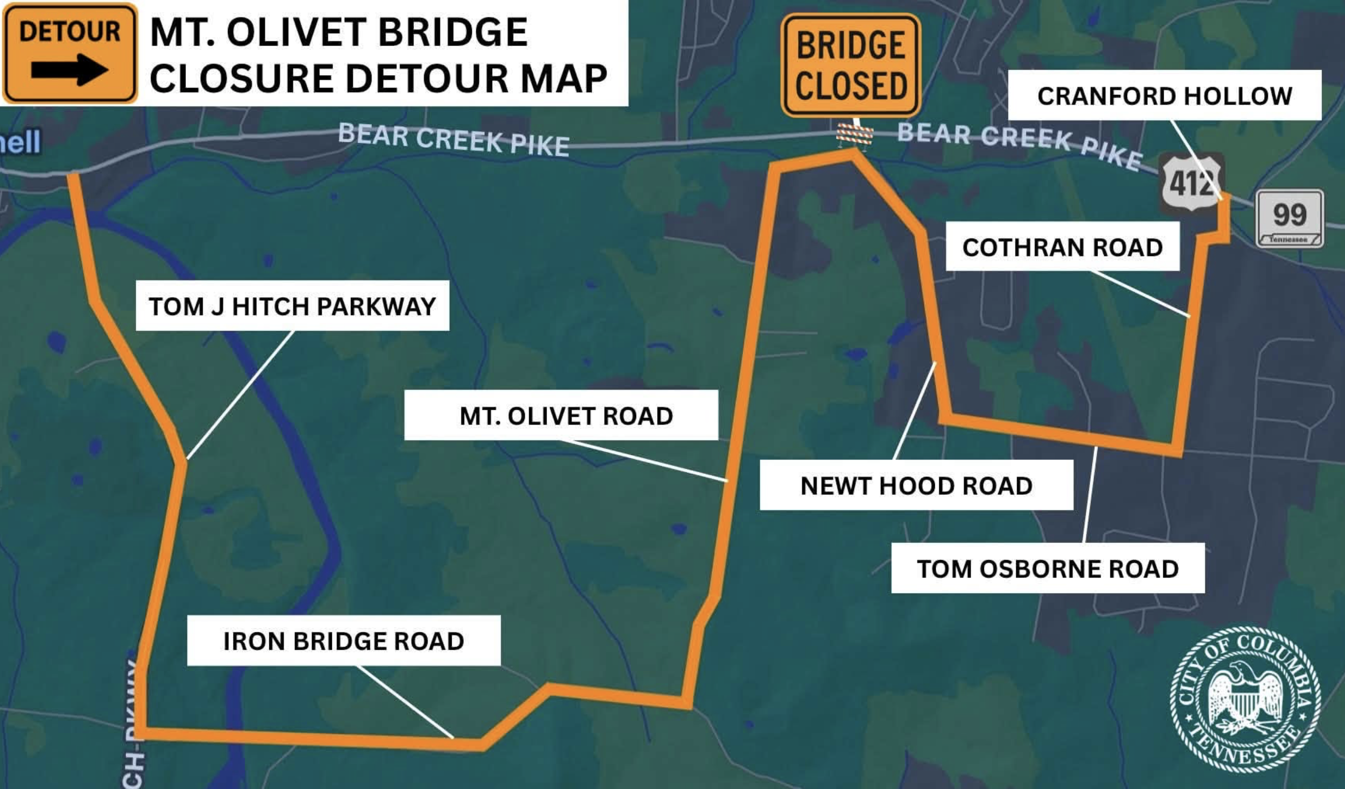 Mt. Olivet Bridge Closure Detour Map